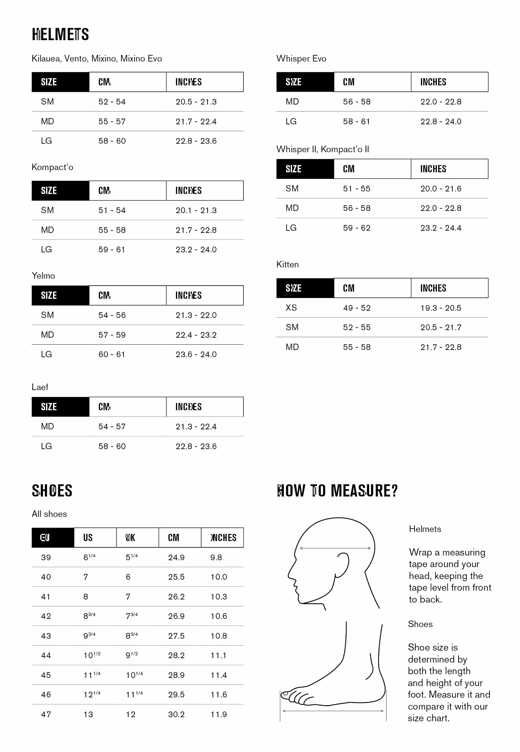 size guide for Catlike's helmets and shoes